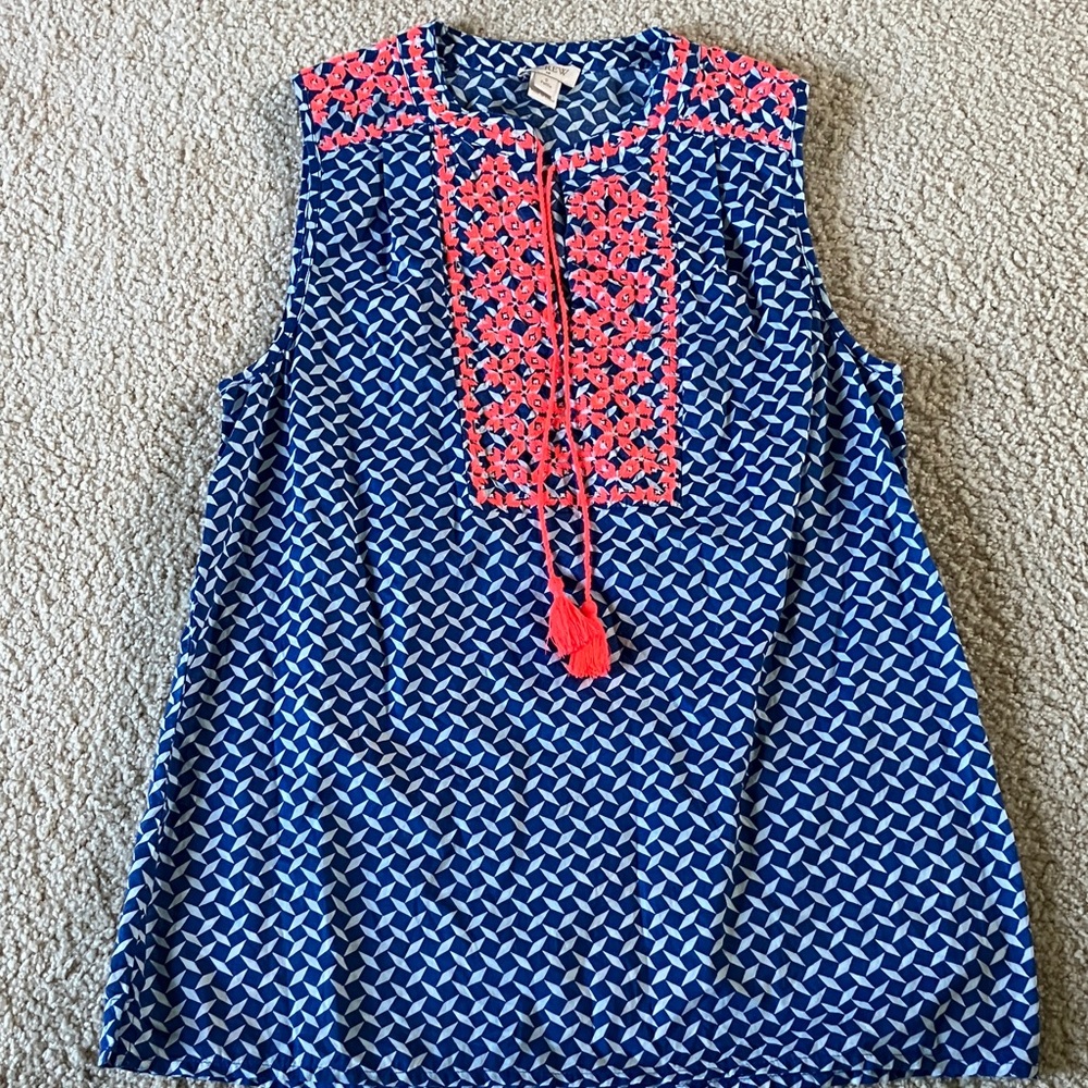 J. Crew Navy Geometric Sleeveless Tank with Coral Embroidery